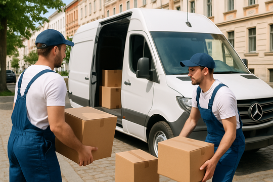 Umzugshelfer tragen Kartons in Leipziger Wohnung
